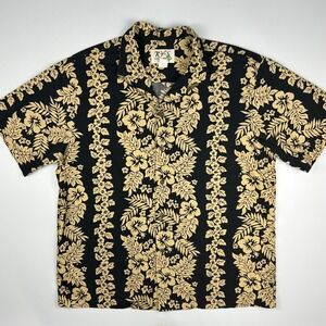 KY's Hawaii Mens XL Black Tan Hibiscus Floral Cotton Aloha Camp Shirt Made USA